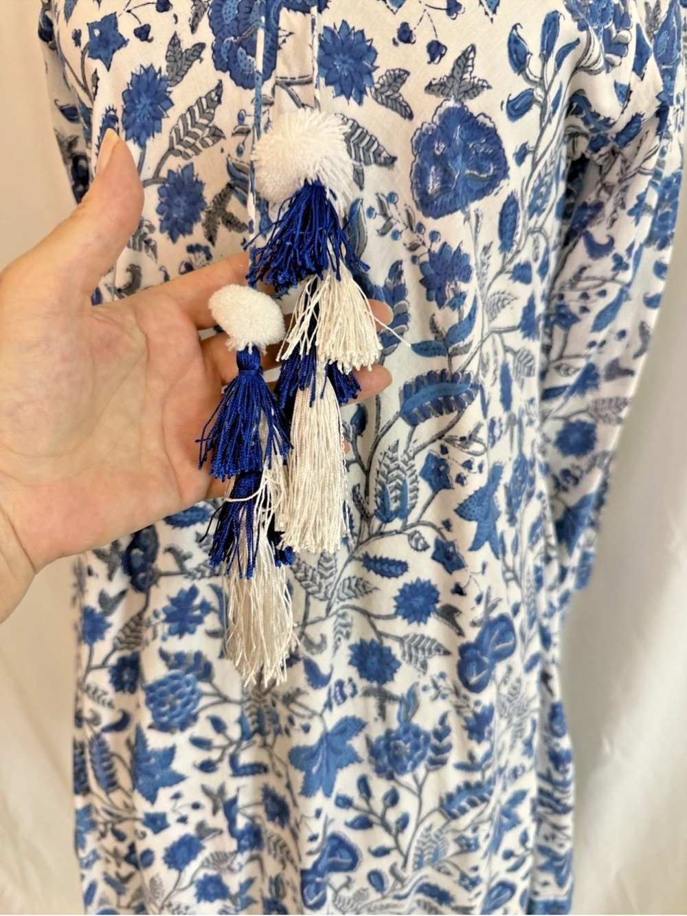 Mary Marshmallow Blue White Floral Long Sleeve Tassel Tie Dress - XS - Picture 3 of 6